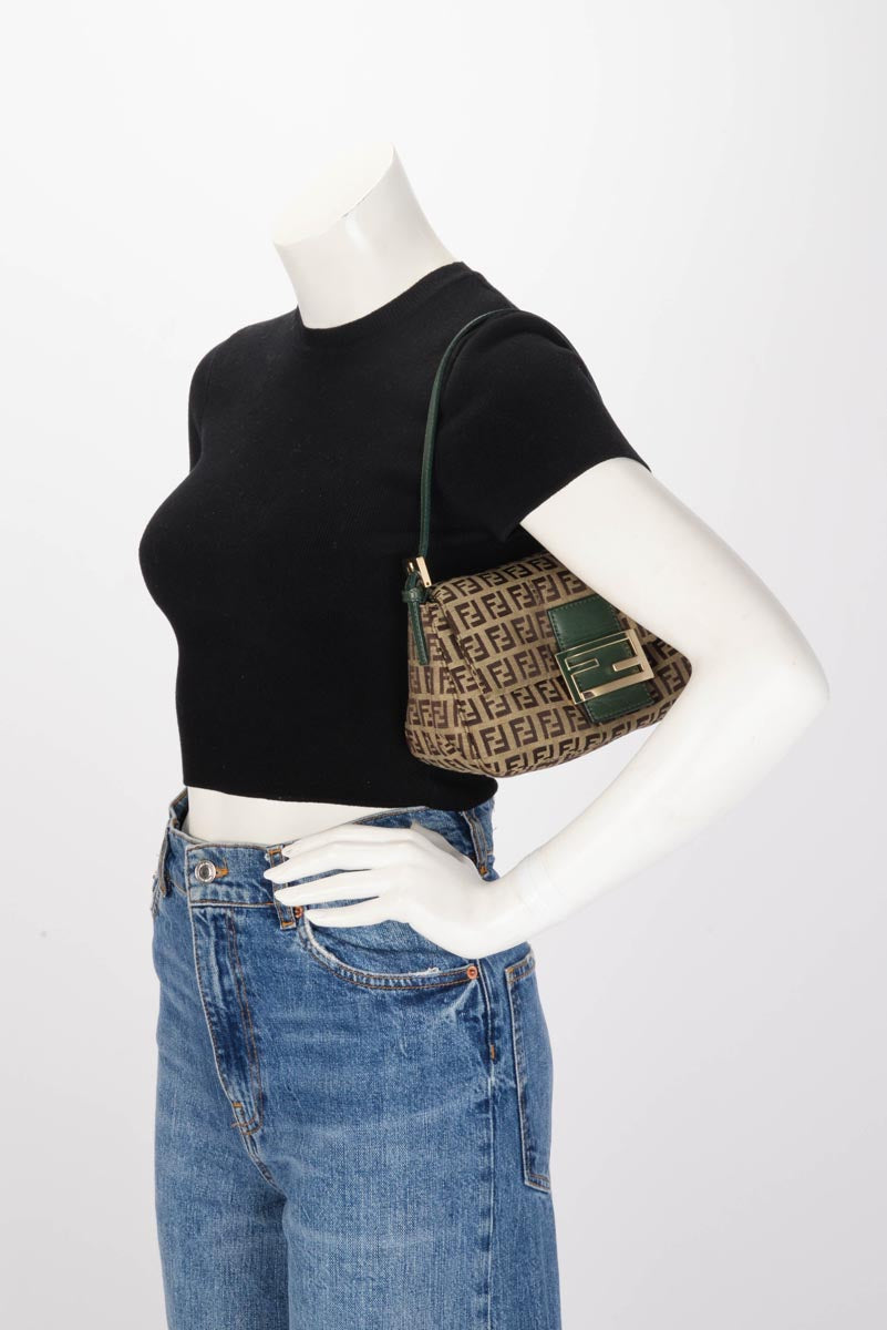Fendi Green Zucchino Canvas Mini Baguette Bag