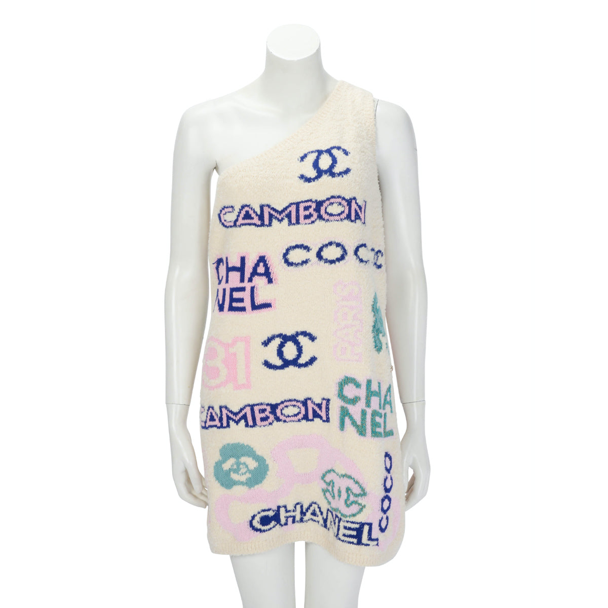Chanel Multi Colour Cotton Logo One Shoulder Mini Dress FR 42