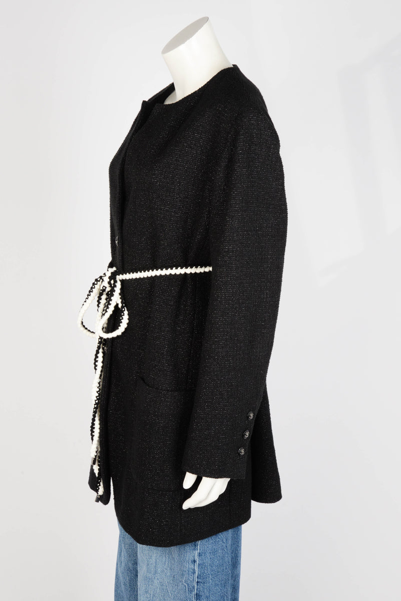 Chanel Black Lurex Tweed Braided Belt Jacket FR 50