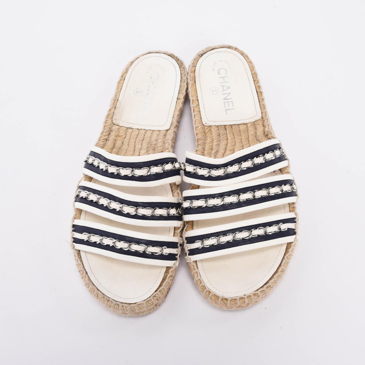 Chanel White & Navy Chain Espadrille Slides 40