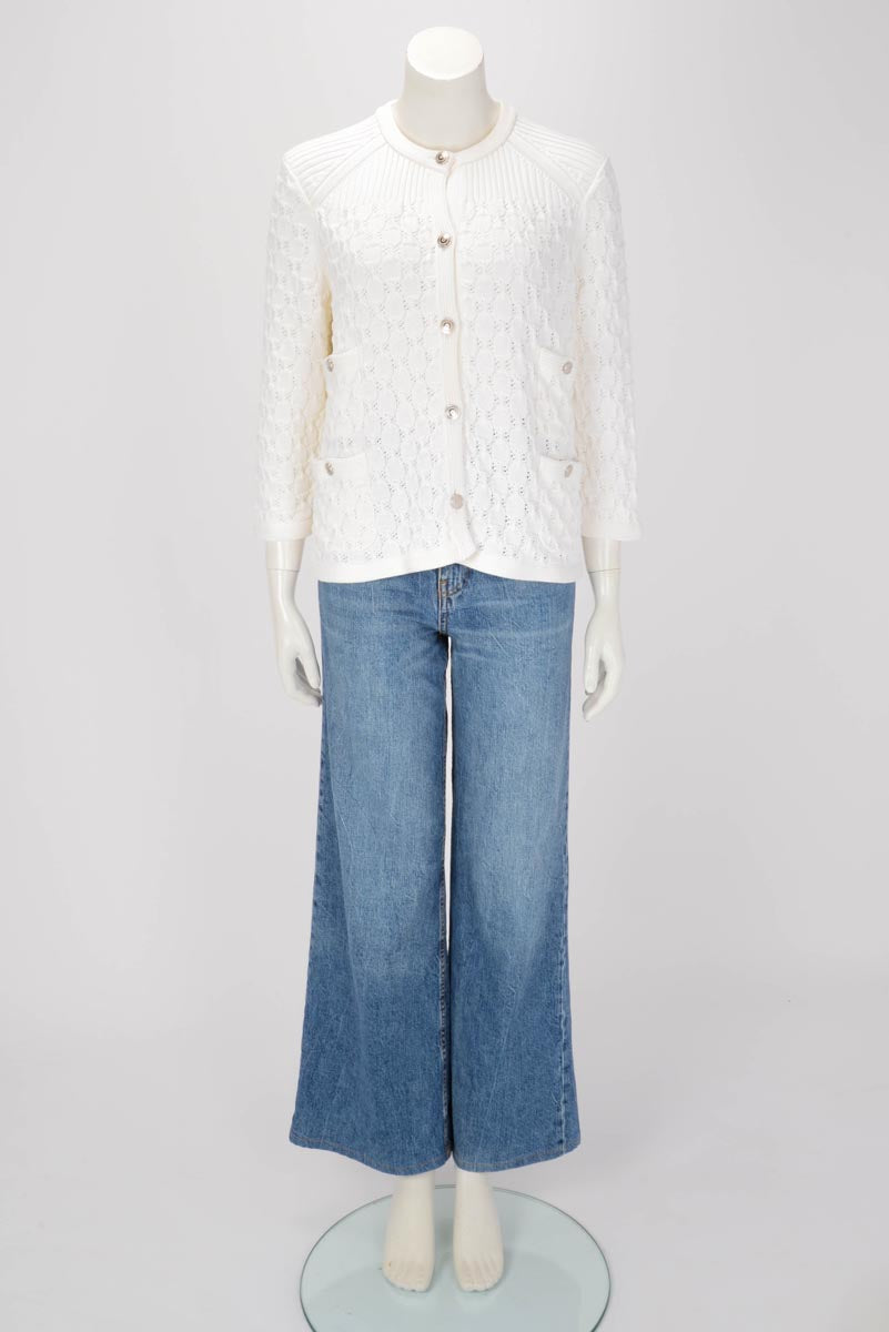 Chanel White Crochet Knit Four Pocket Cardigan FR 48