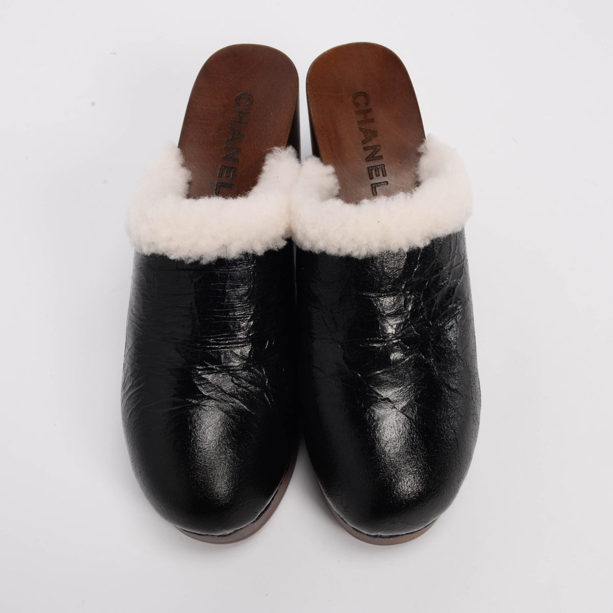 Chanel Black Crackled Sheepskin CC Clogs 38