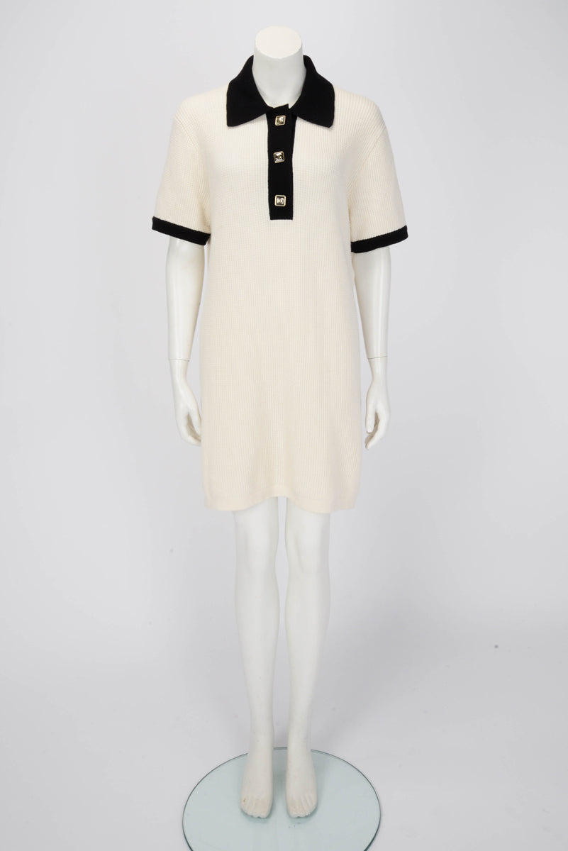 Chanel Cream & Black Waffle Knit Polo Mini Dress FR 40