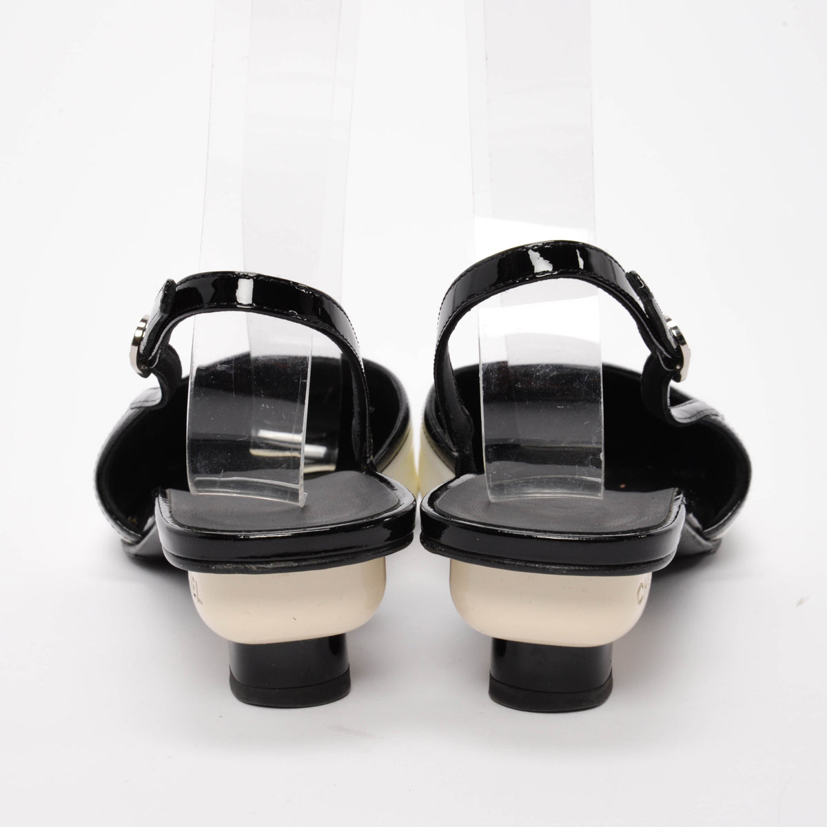 Chanel Black & White Patent Cap Toe Slingback Pumps 39.5