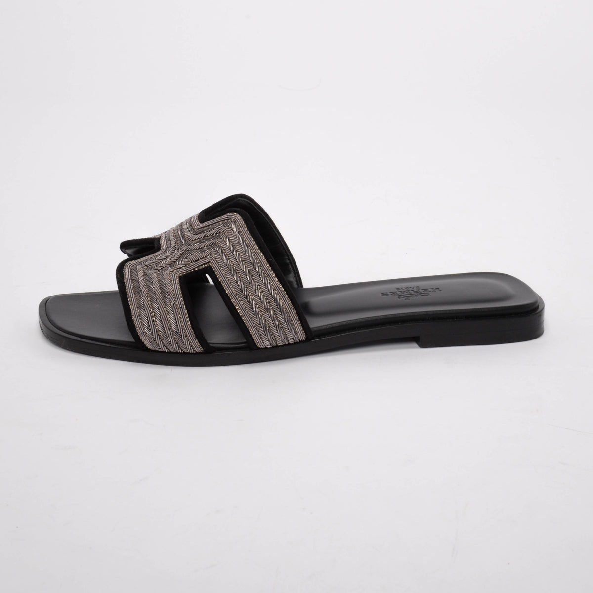 Hermes Black Suede Dabka Embroidered Oran Sandals 37