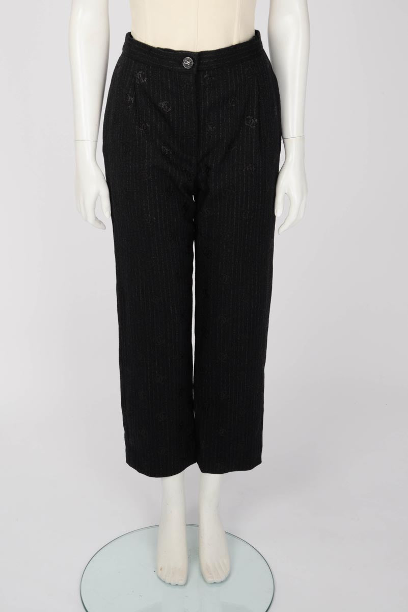 Chanel Black Pinstriped CC Pants FR 36