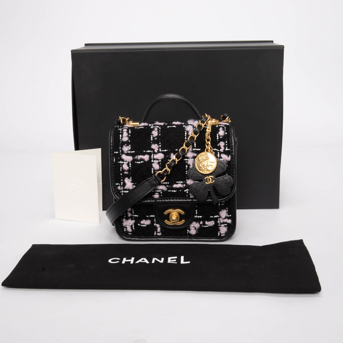 Chanel Black & Pink Tweed Mini Flap Bag with Handle