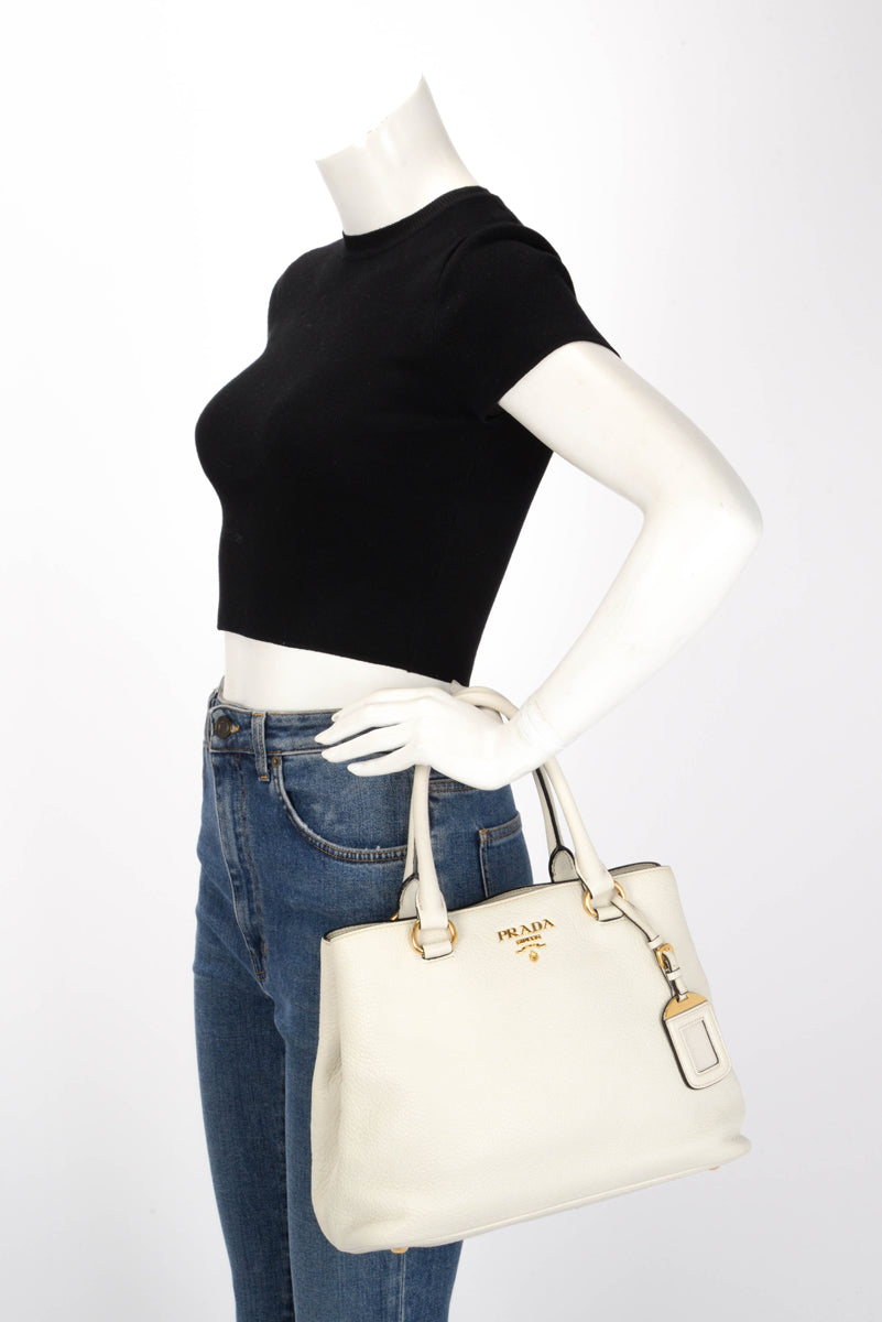 Prada Talco White Vitello Phenix Small Shoulder Bag