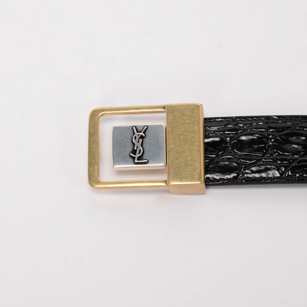 Saint Laurent Black Croc Embossed Leather Logo Buckle Belt