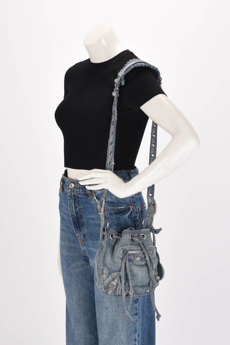 Balenciaga Blue Denim & Crystal BB Monogram Le Cagole Bucket Bag