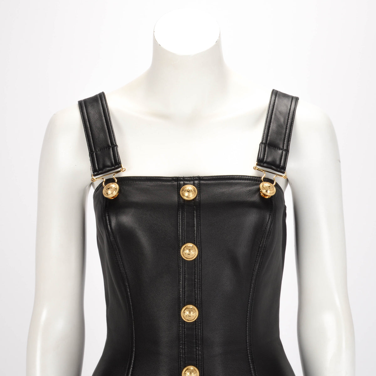 Balmain Black Lambskin Pinafore Mini Dress FR 38