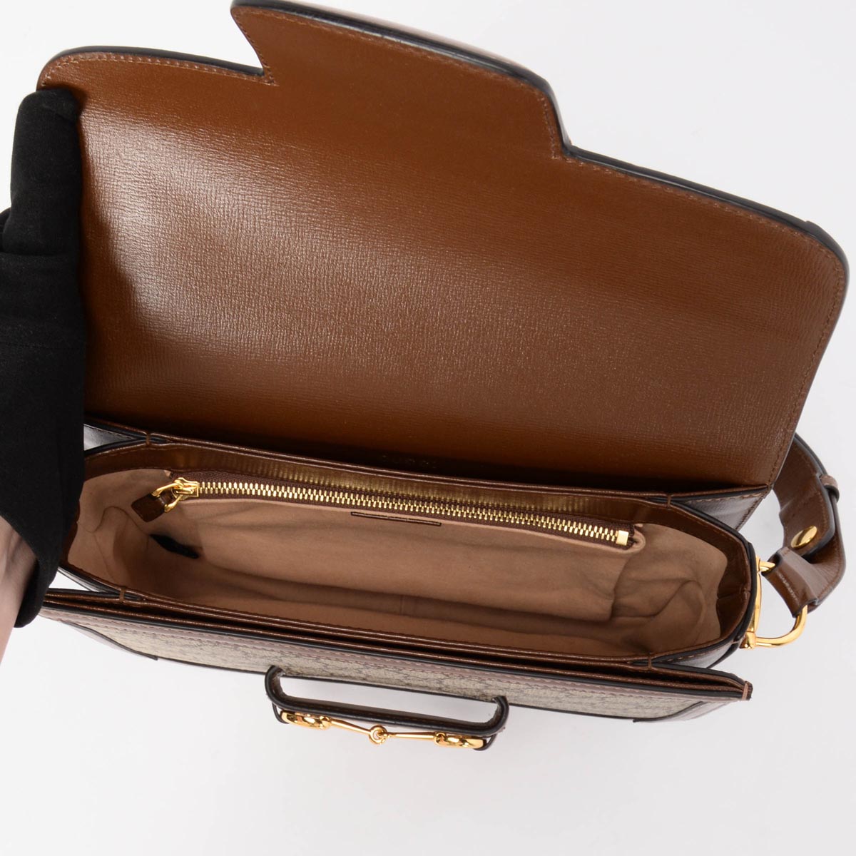 Gucci Tan Leather & GG Supreme Medium Horsebit 1955 Bag