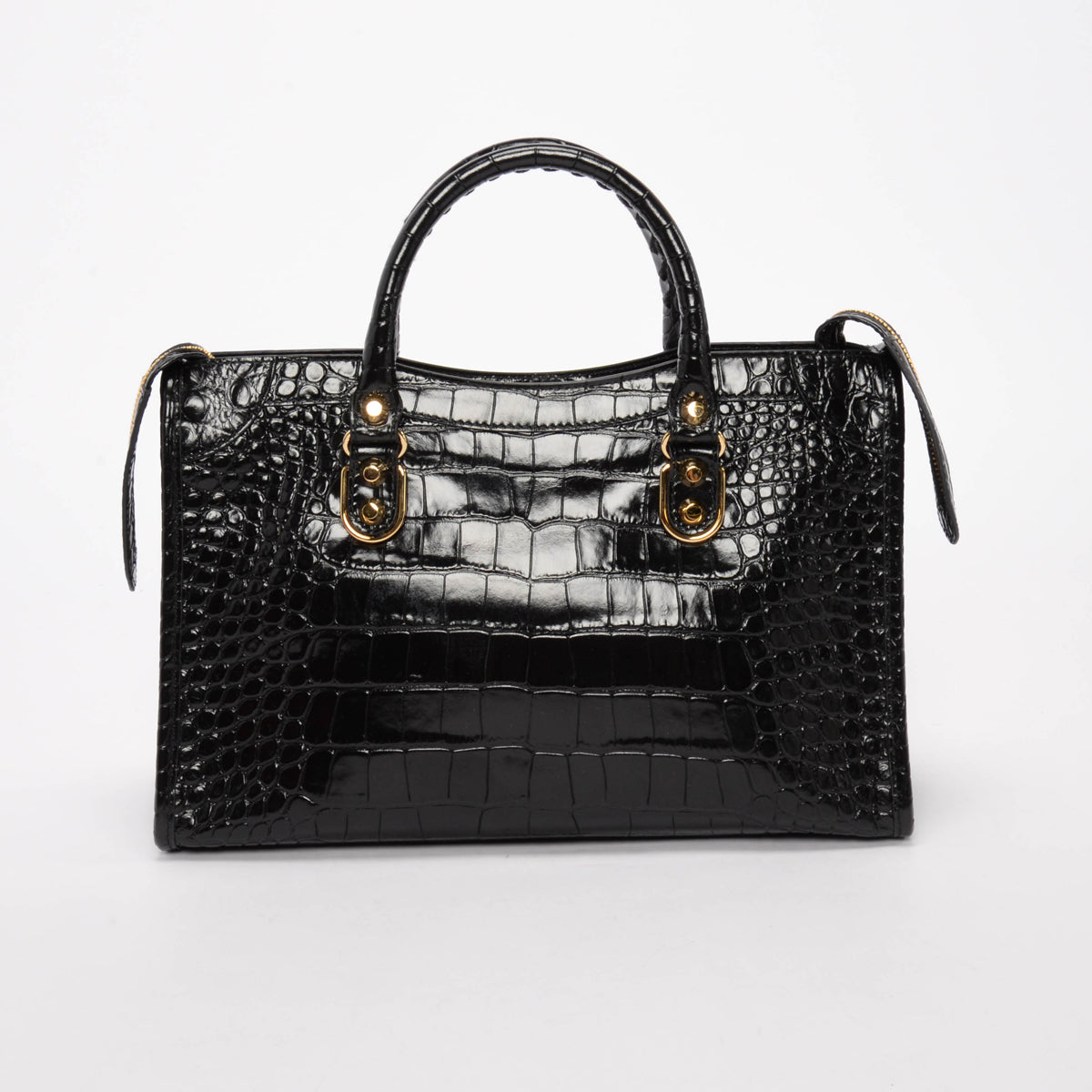 Balenciaga Black Croc Embossed Metallic Edge Small City Bag
