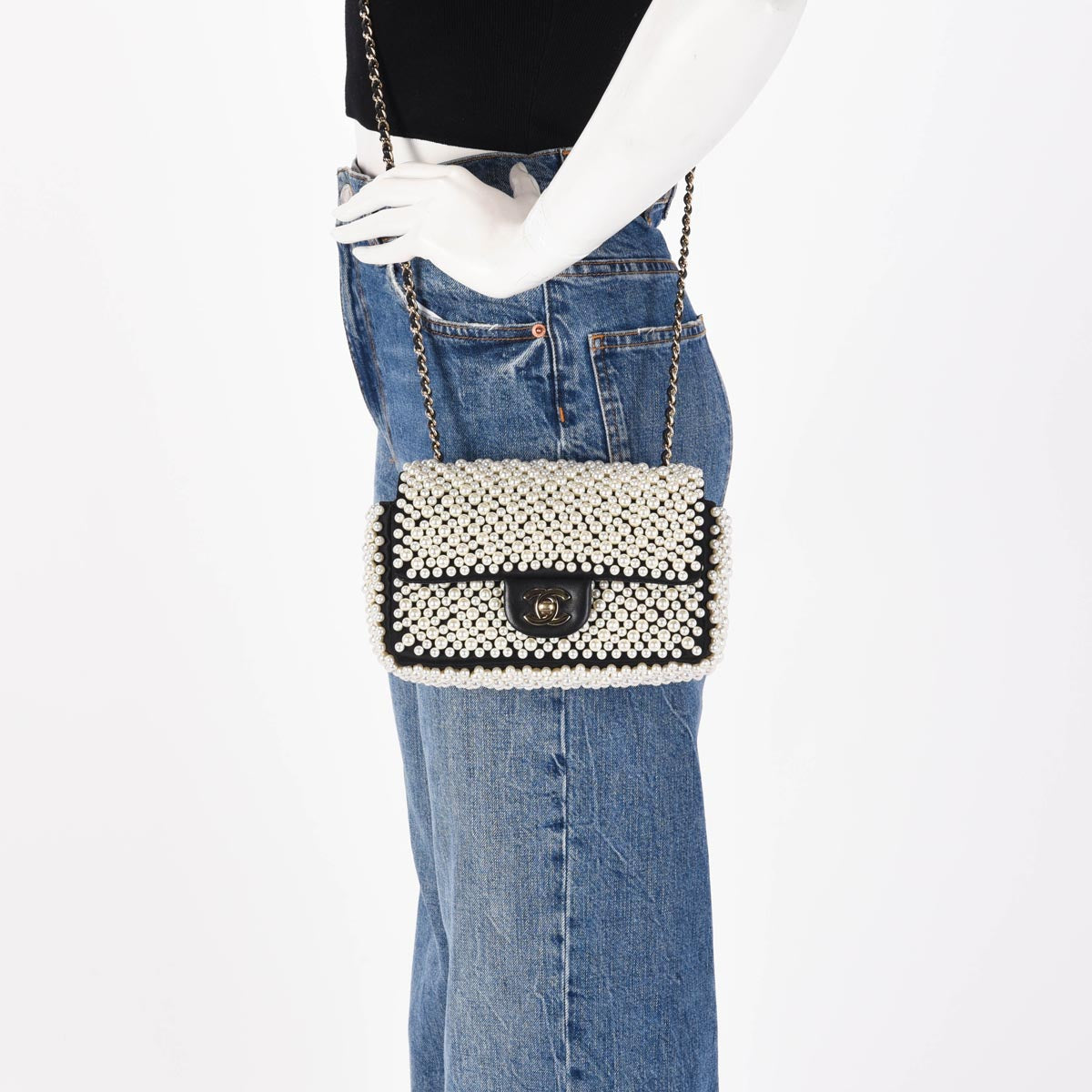 Chanel Black Satin & Lambskin Pearl On Flap Bag