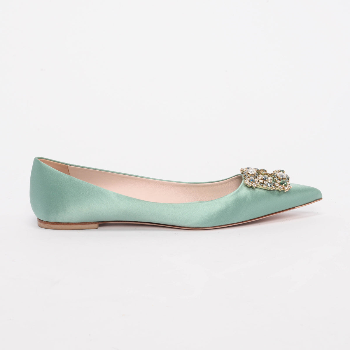 Roger Vivier Sage Green Satin Efflorescence Ballerina Flats 41.5