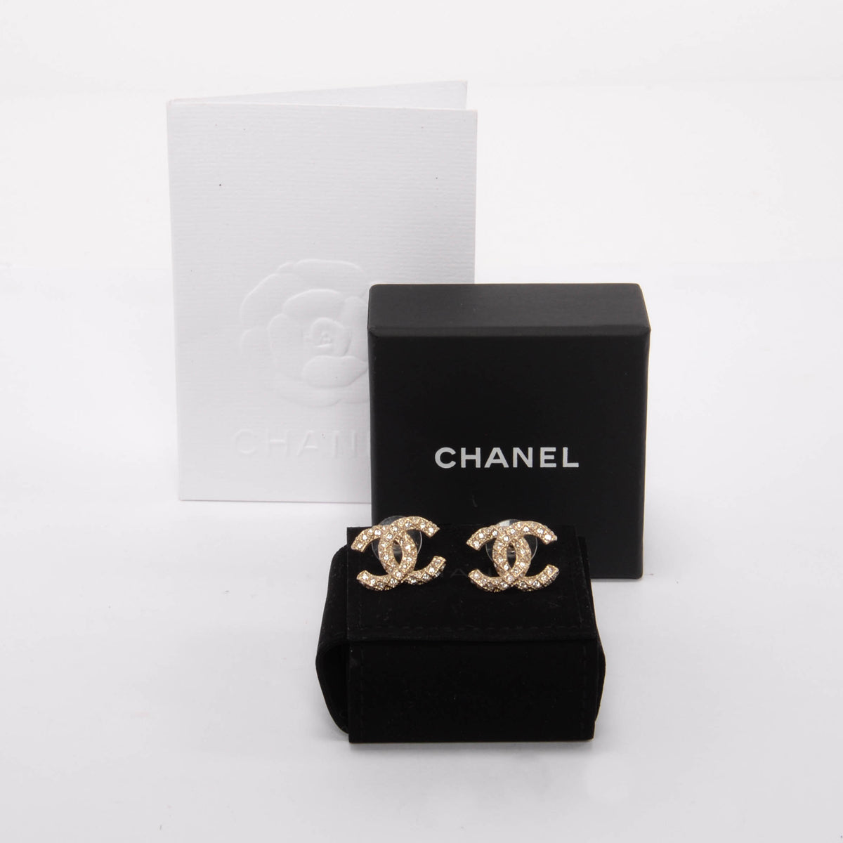 Chanel Light Gold Crystal CC Stud Earrings