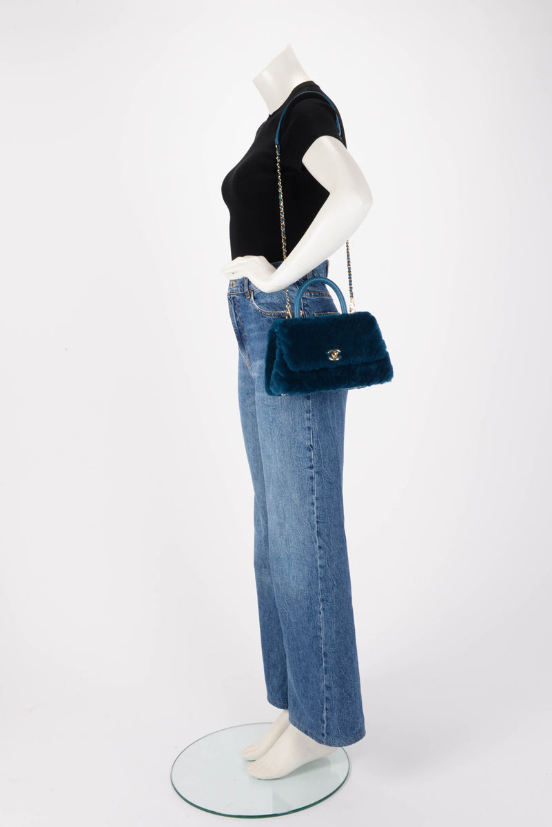 Chanel Teal Shearling Small Coco Handle Bag