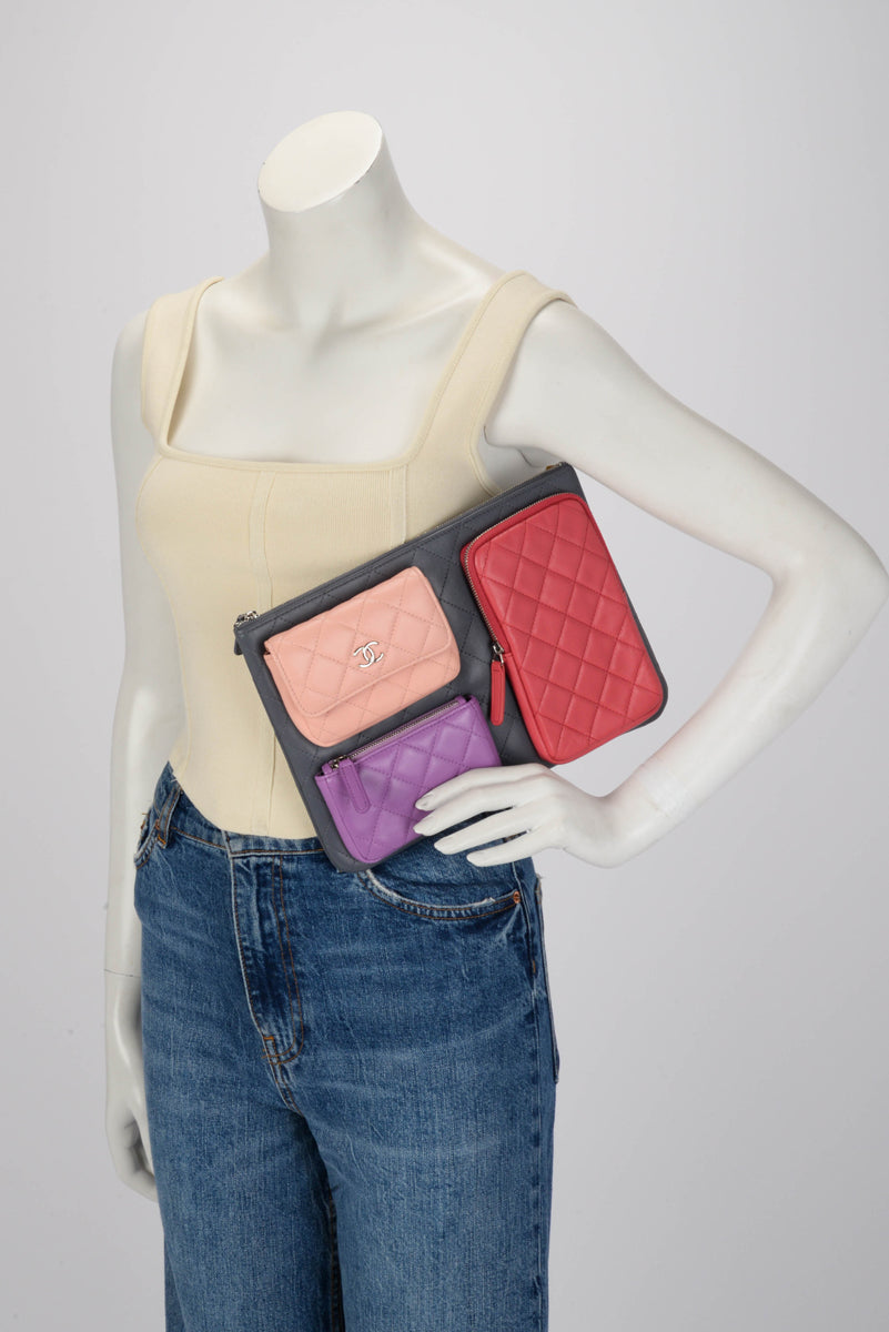 Chanel Grey Quilted Lambskin O-Case Multi Pouch