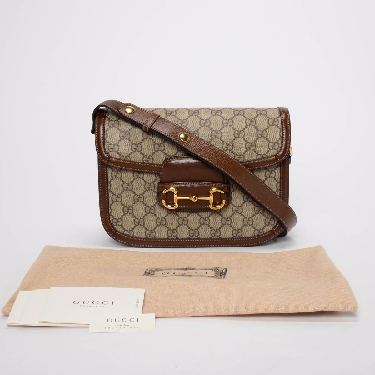 Gucci Tan Leather & GG Supreme Medium Horsebit 1955 Bag