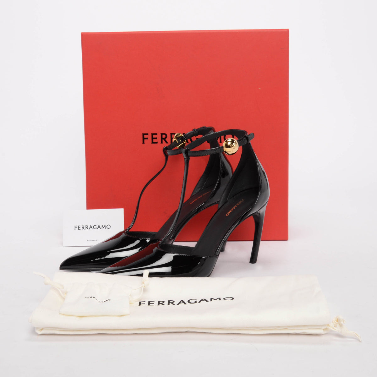 Ferragamo Black Patent Odette 85 Pumps 8.5