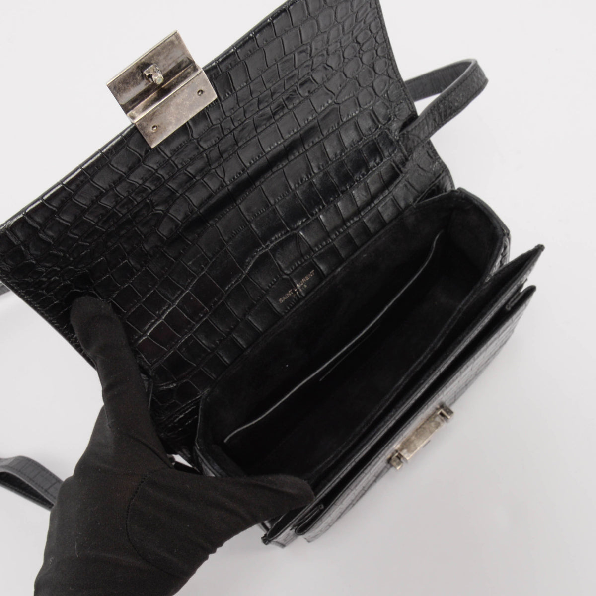 Saint Laurent Black Croc Embossed Leather Medium Bellechasse Bag