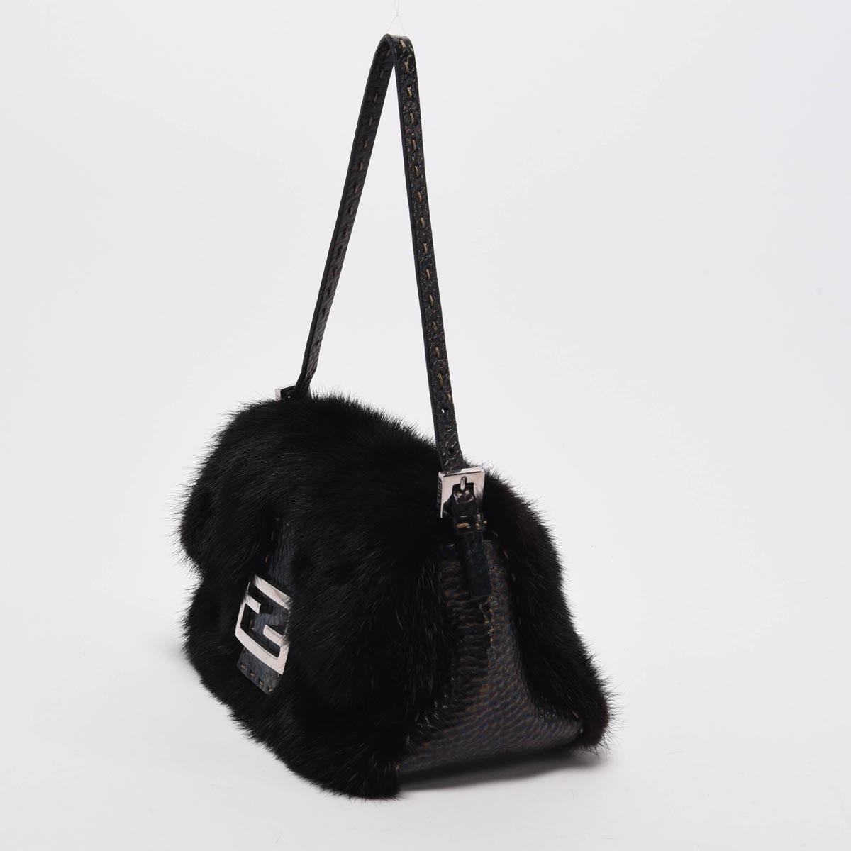 Fendi Black Fur Selleria Mini Baguette Bag