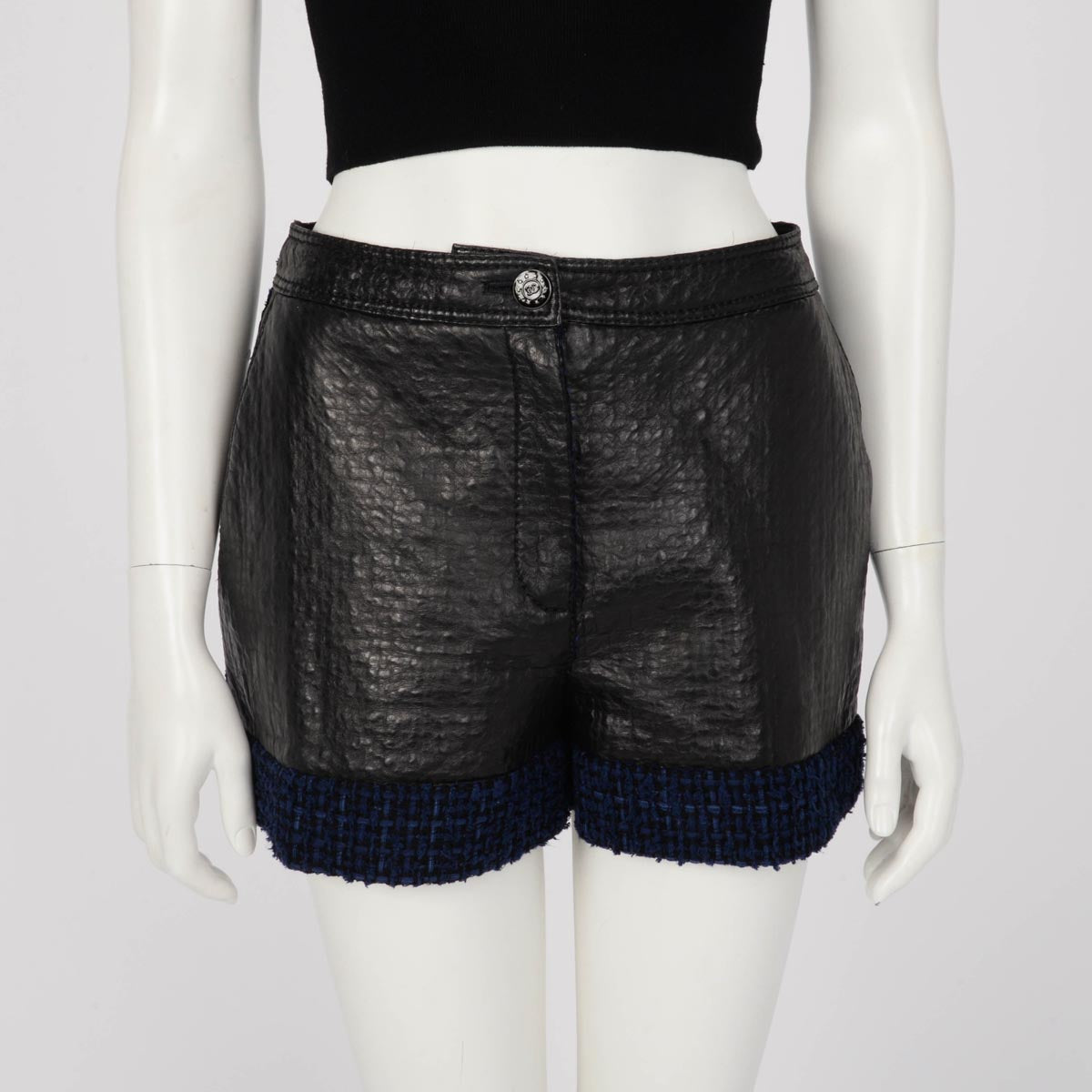 Chanel Black & Blue Leather Embossed Tweed Shorts FR 38