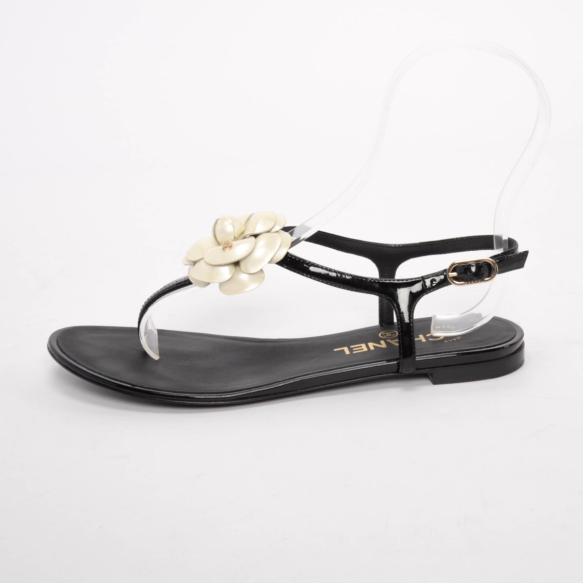 Chanel Black Patent CC Camellia Thong Sandals 37