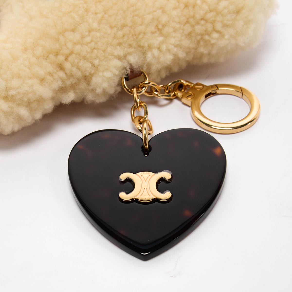 Celine Beige Shearling Triomphe Pom-Pom Key Ring