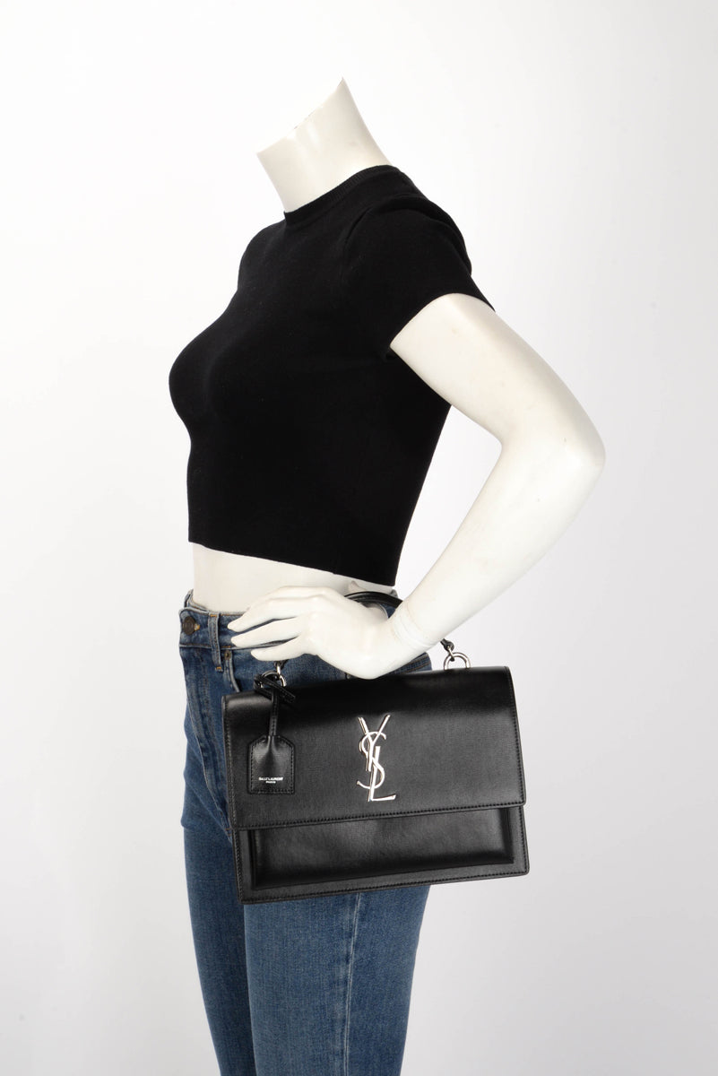 Saint Laurent Black Calfskin Medium Sunset Top Handle Bag