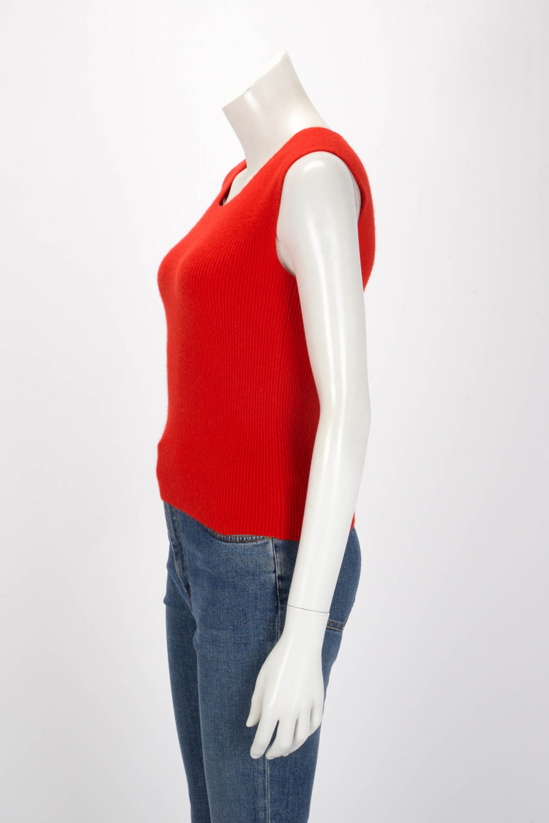 Chanel Red Ribbed Cashmere Knit Top FR 42