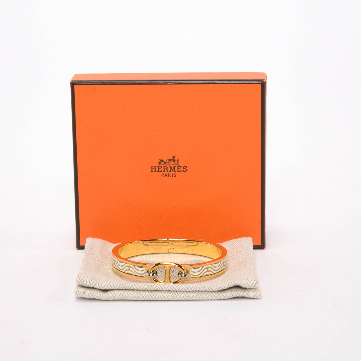 Hermes White & Gold Enamel Mini Clic Chaine d'Ancre Bracelet