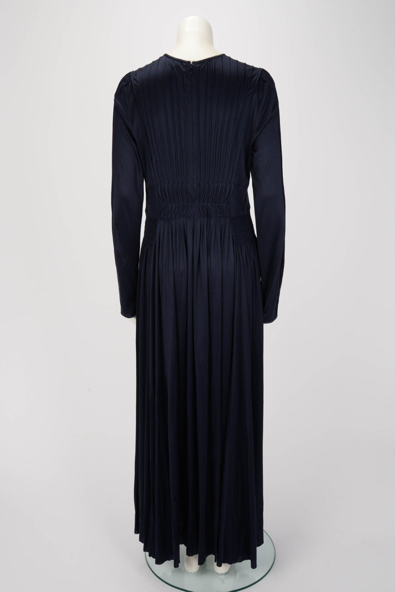 Gabriela Hearst Navy Silk Jersey Pintucked Maxi Dress IT 48