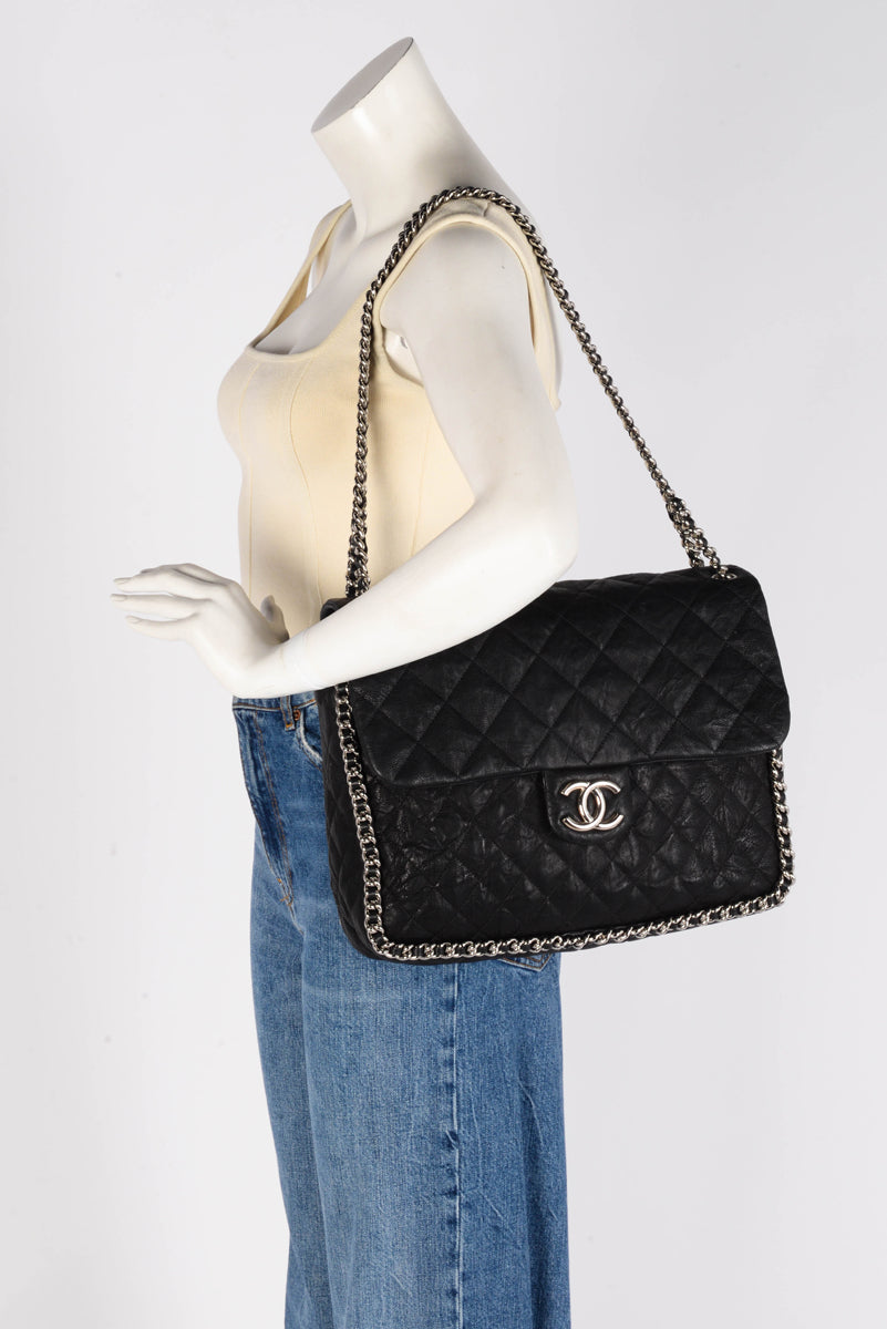 Chanel Black Washed Lambskin Maxi Chain Around Flap Bag