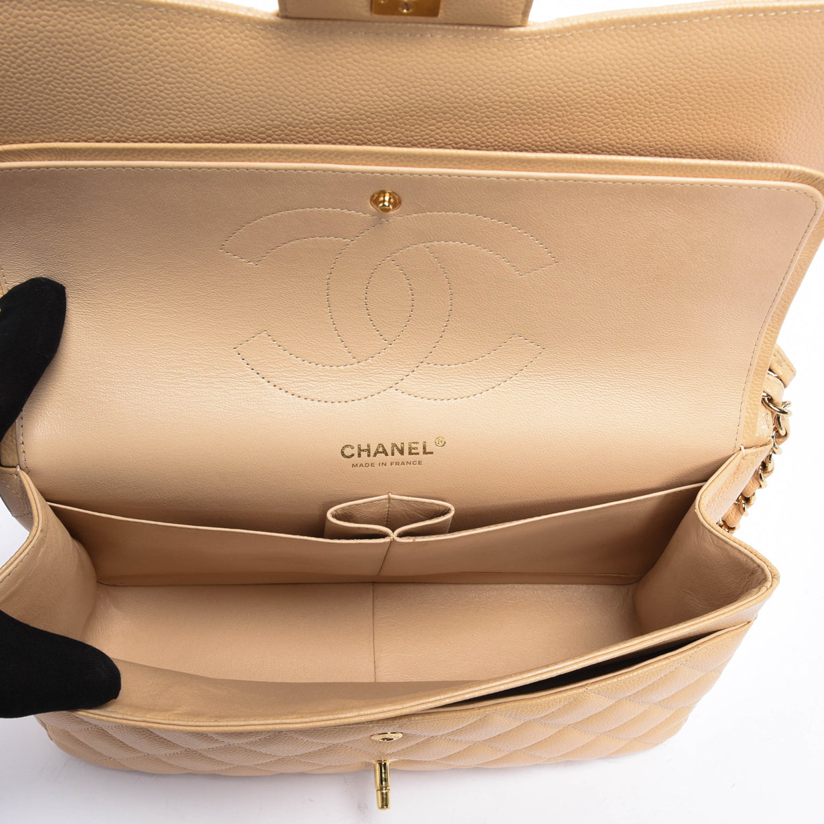 Chanel Beige Quilted Caviar Large Classic Flap Bag