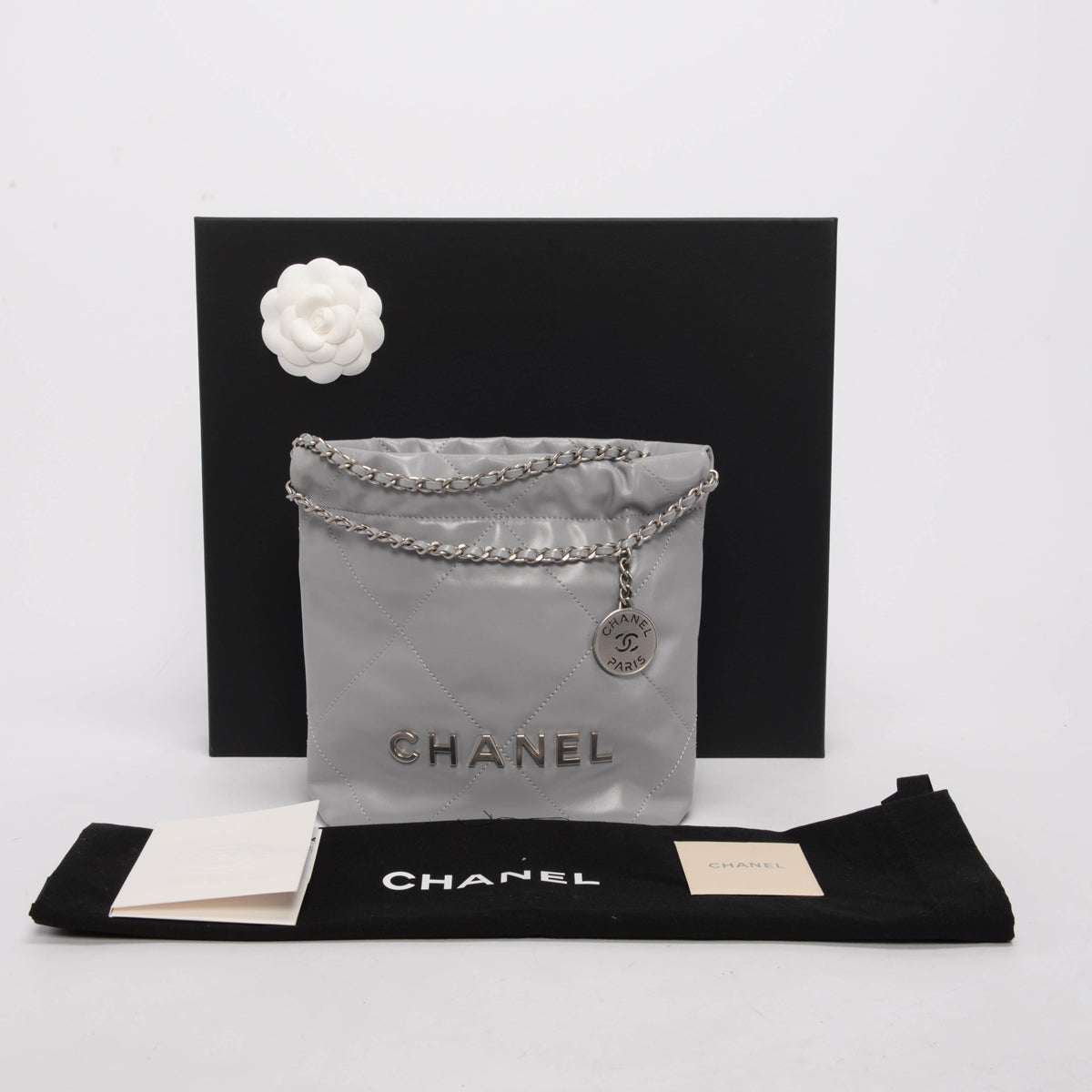 Chanel Light Grey Shiny Calfskin Mini 22 Bag