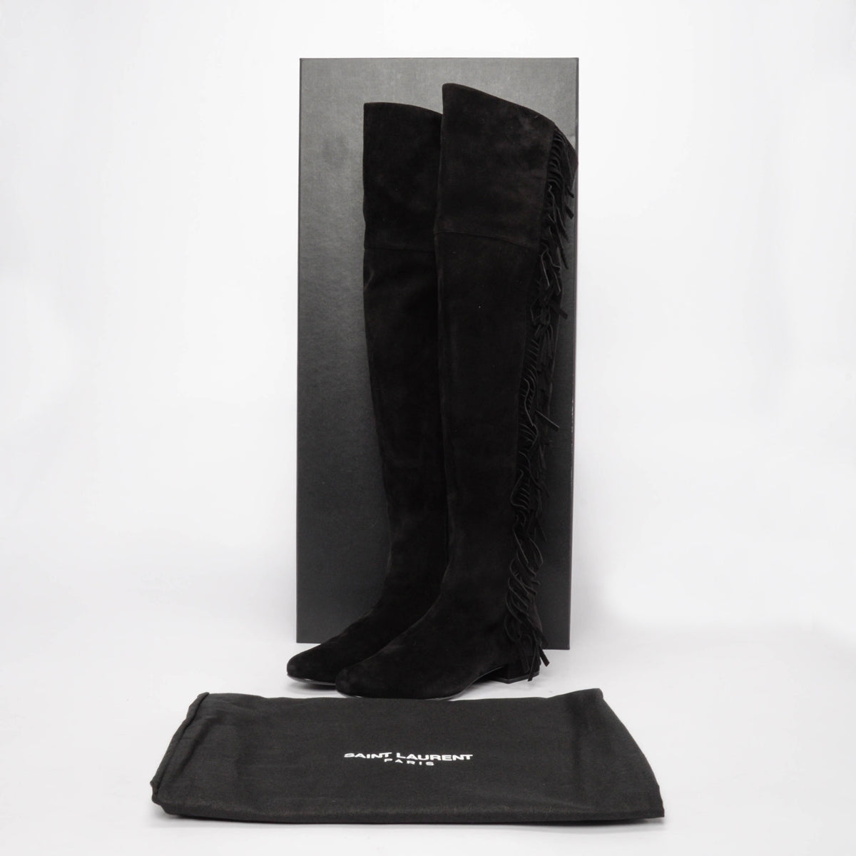 Saint Laurent Black Suede Fringed Over the Knee Boots 37