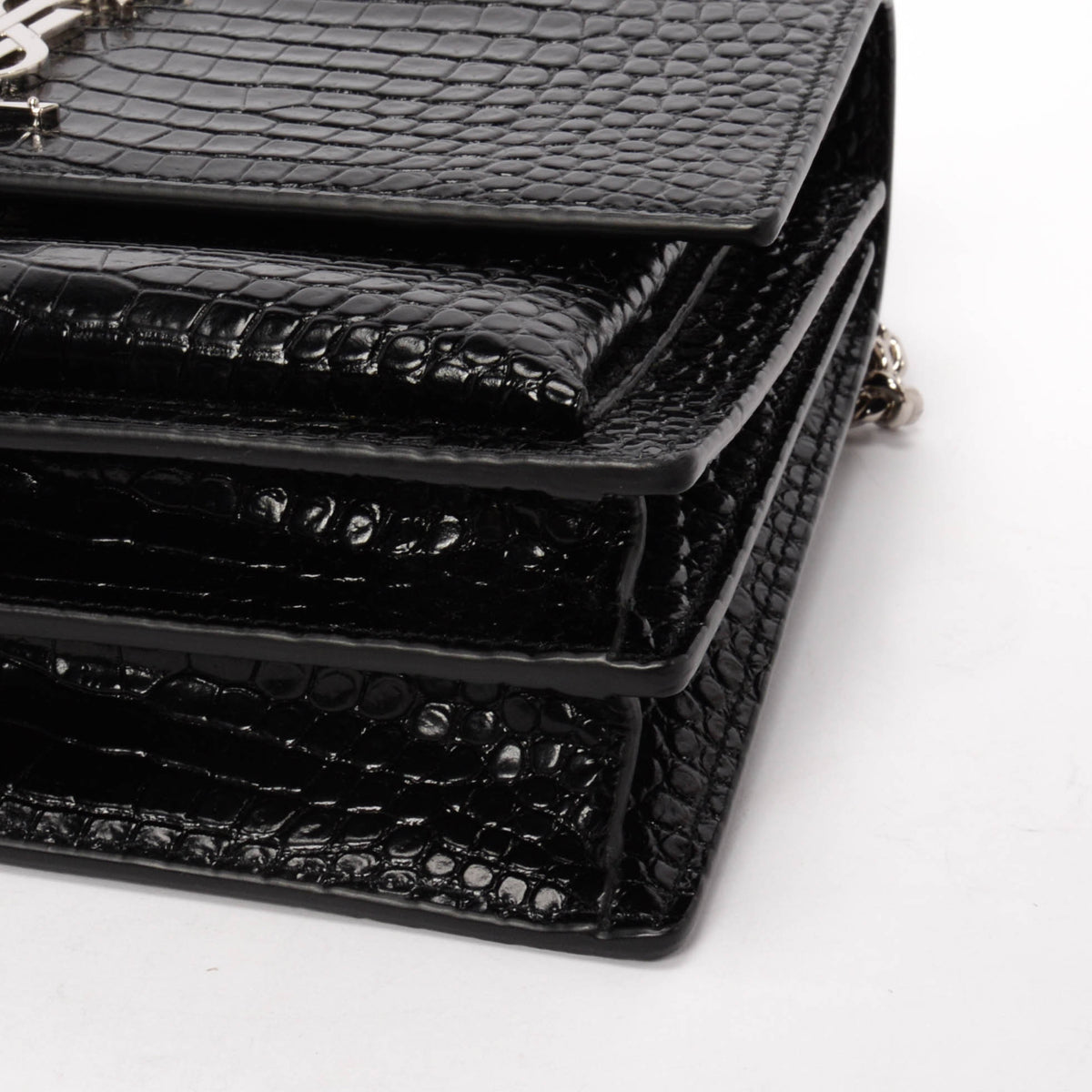 Saint Laurent Black Croc Embossed Medium Sunset Bag