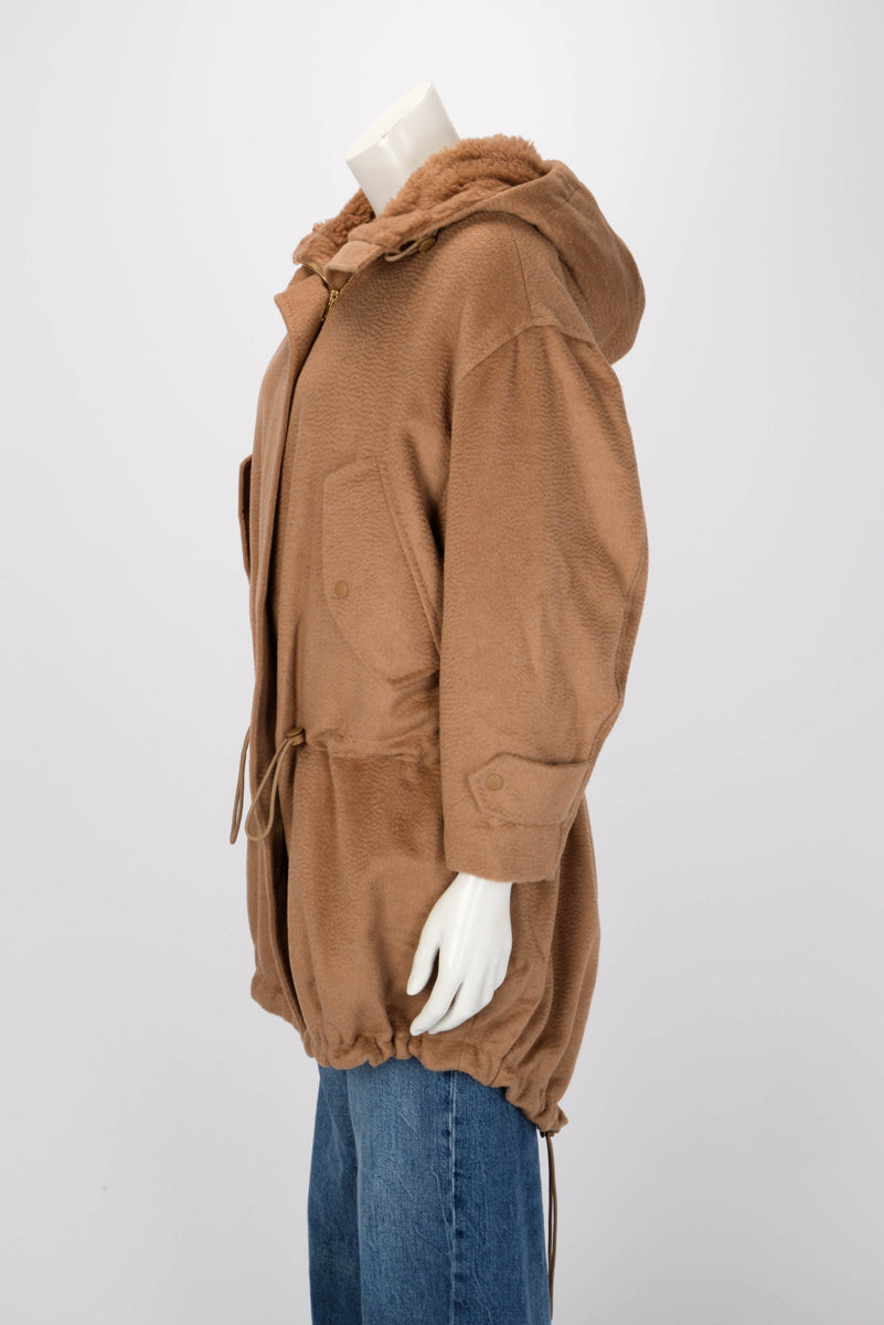 Max Mara Camel Dionea Drawstring Hooded Coat IT 36