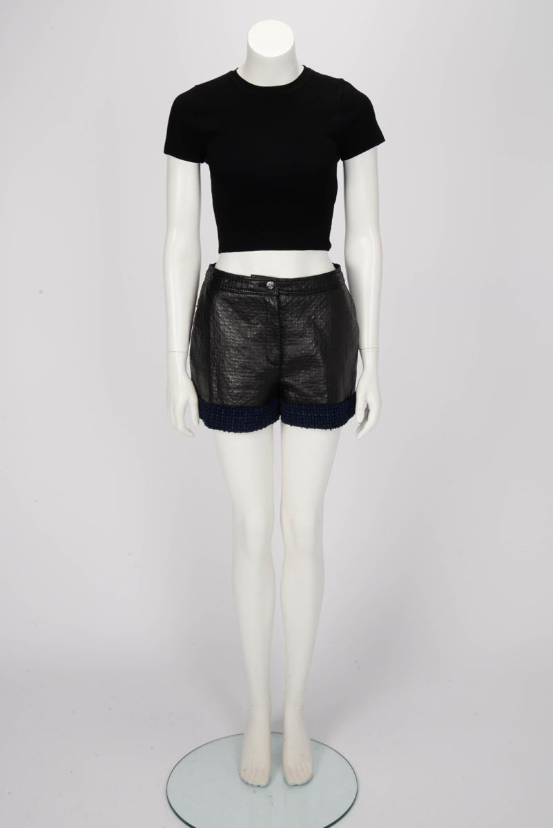 Chanel Black & Blue Leather Embossed Tweed Shorts FR 38