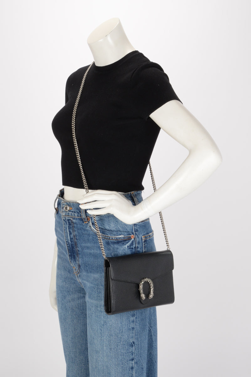 Gucci Black Textured Leather Dionysus Wallet On Chain