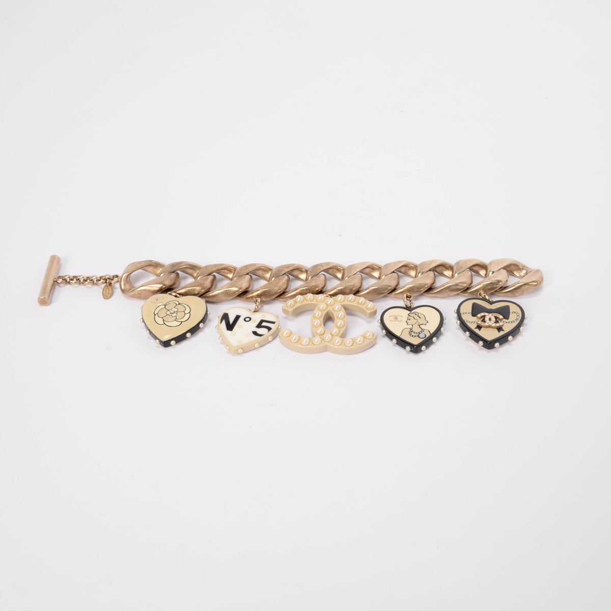 Chanel Light Gold Enamel & Pearl CC Motif Bracelet