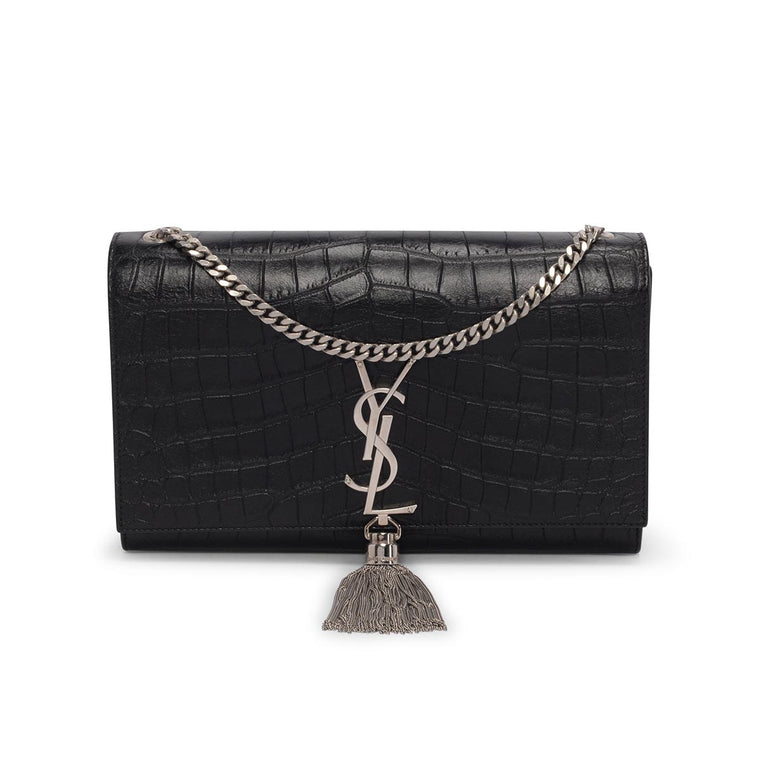 Saint Laurent Black Croc Embossed Small Kate Tassel Bag