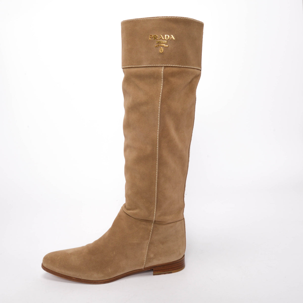 Prada Sand Suede Knee High Flat Boots 38