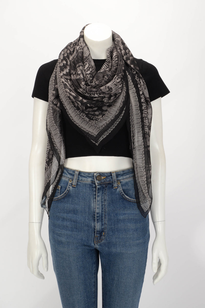 Alexander McQueen Black Silk Chiffon 2010 Catacombs Skull Scarf