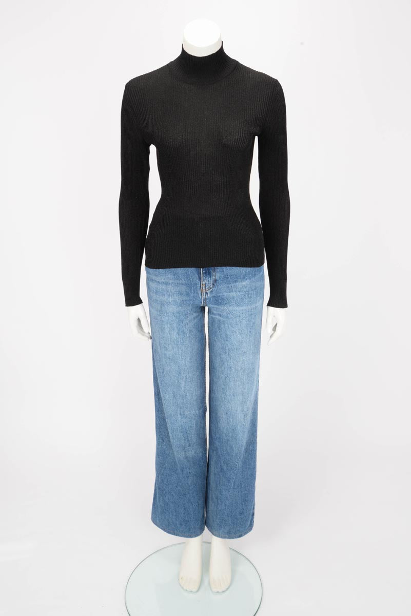 Hermes Black Glitter Ribbed Knit Turtleneck Top FR 34