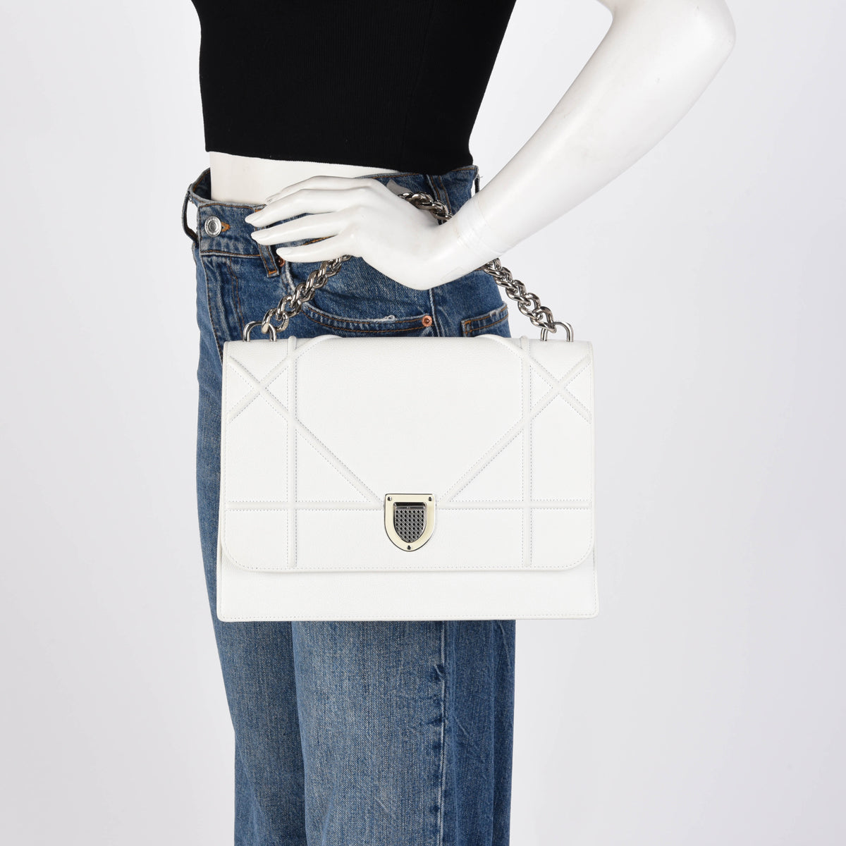 Dior White Grained Calfskin Diorama Flap Large Bag