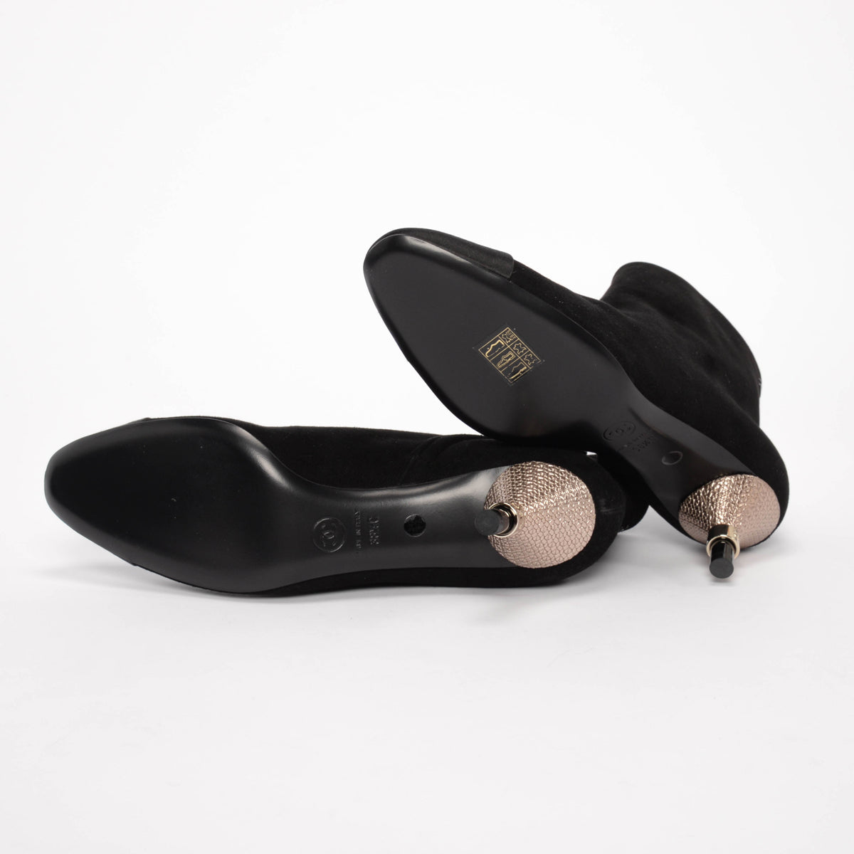 Chanel Black Suede & Satin Cap Toe Short Boots 38.5