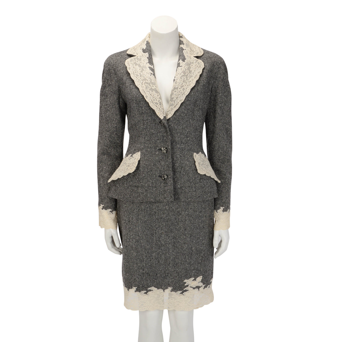 Dior Grey Wool Tweed Lace Trim Jacket & Skirt FR 40