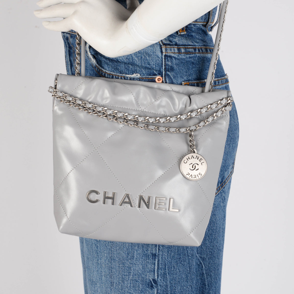 Chanel Light Grey Shiny Calfskin Mini 22 Bag